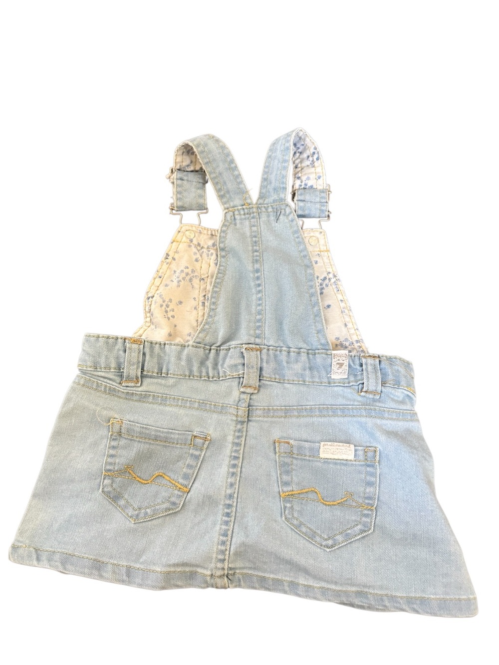 7 For All Mankind Light Blue Denim Overall Dress with White Floral Tee - Picture 4 of 7